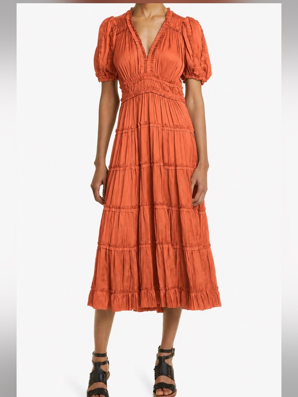Ulla Johnson Olivia Puff Sleeve Ruffle Satin Midi Dress Boho Mermaidcore Size 8